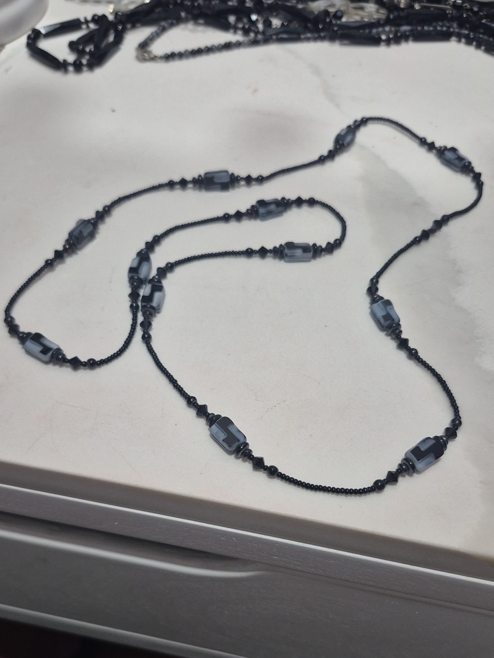 Antique Black and Gray Beaded Station Necklace